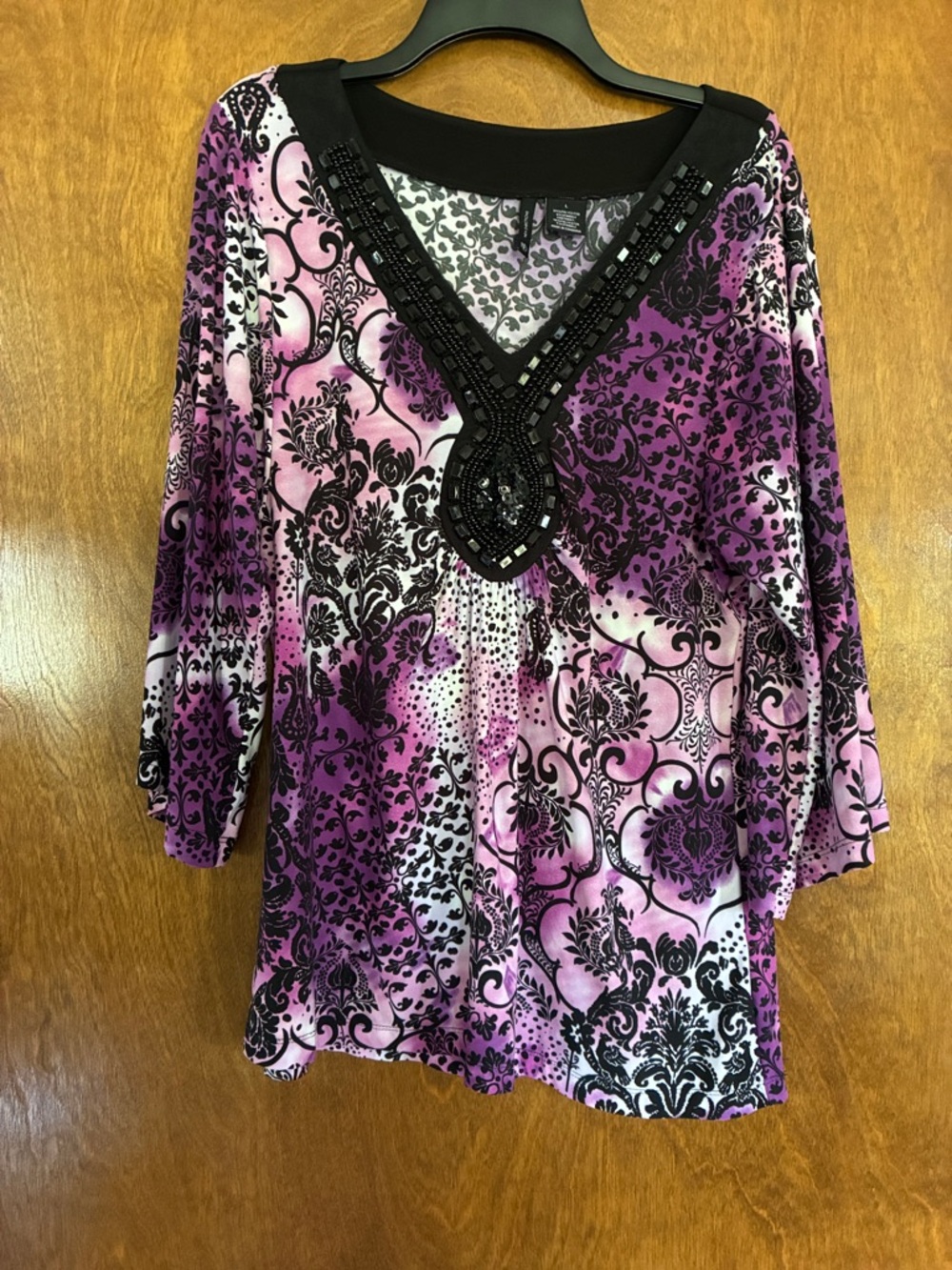 new directions Pink and Black Beaded V-Neck Tunic